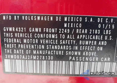 2015 Volkswagen Jetta 1.8T Se z USA, uszkodzony, nr VIN 3VWD07AJ2FM278130